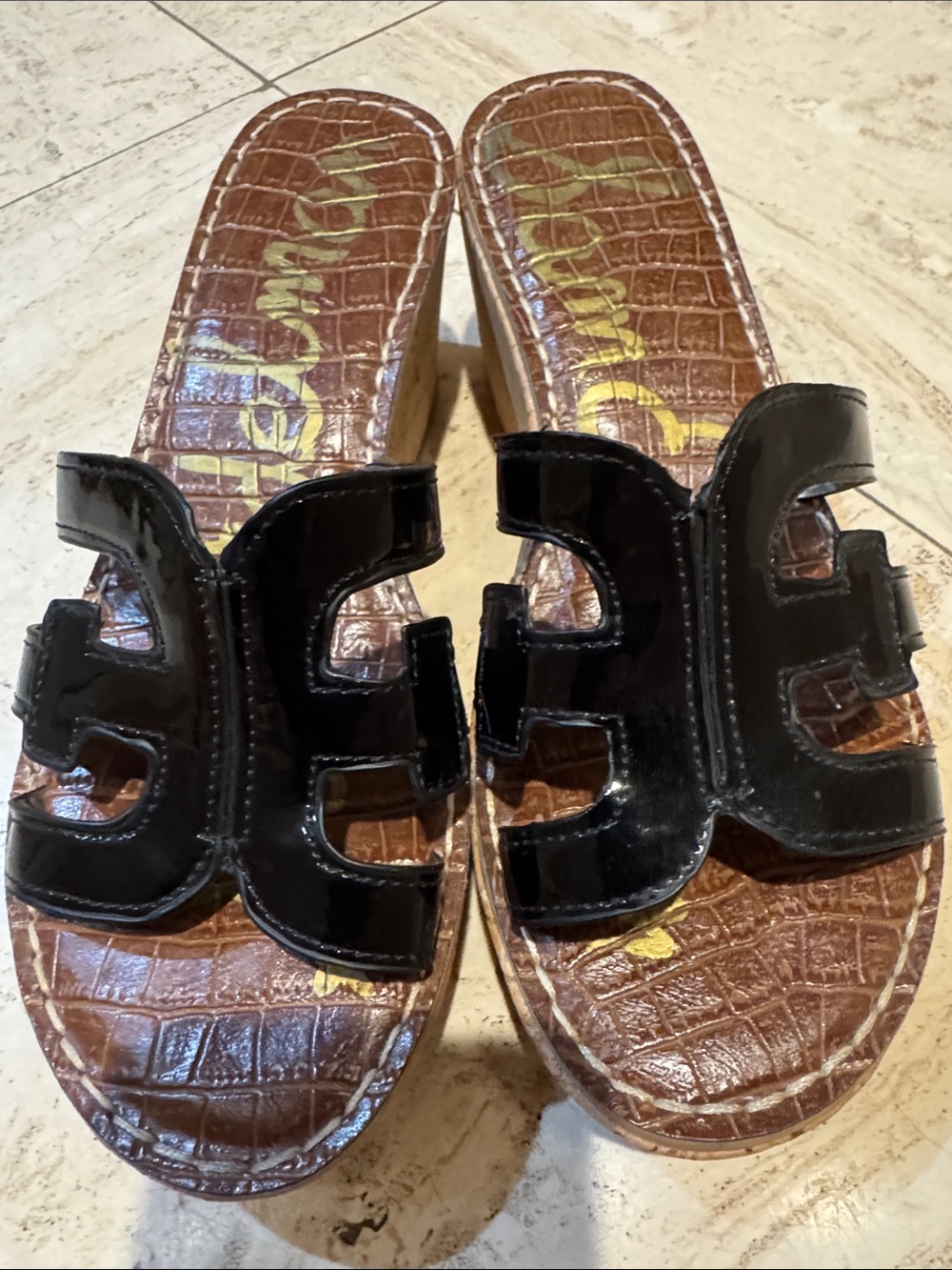 Sam Edelman Black Patent Cork Wedge Slide Sandals - Picture 2 of 8